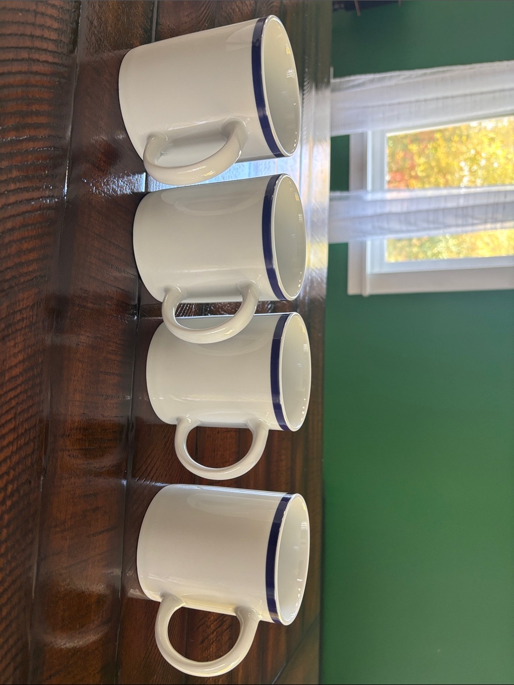 White Ceramic Coffee Mugs with Blue Rim - Set of 4